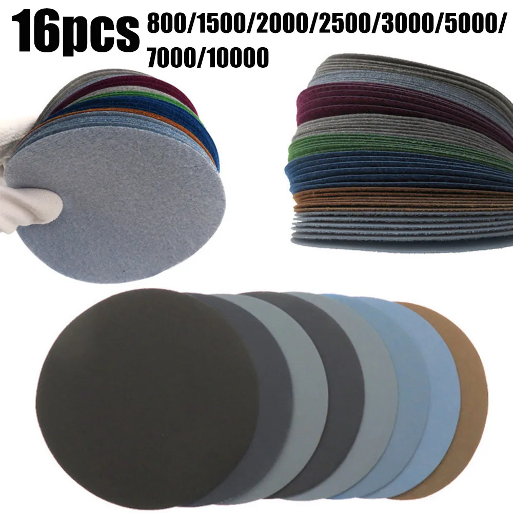 Disques abrasifs ronds en papier de verre, 5 pouces, 125MM, crochet et boucle d'eau humide, grain 800/1500/2000/2500/3000/5000/7000/10000, haute qualité, 16 pièces