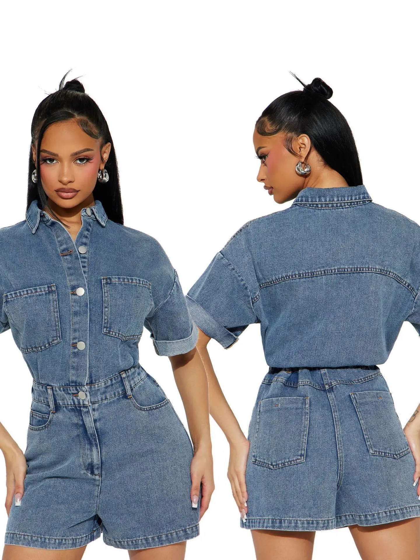 Women's High Elasticity Short Sleeve Loose Jeans Romper Sweet Style High Waist Cotton Denim Cross-Border Fashionable