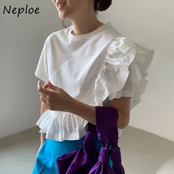 Neploe Korean Niche Temperament Blusa Femme Round Neck Irregular Ruffles Stitching Design Shirt Loose Casual Short Sleeve Blouse