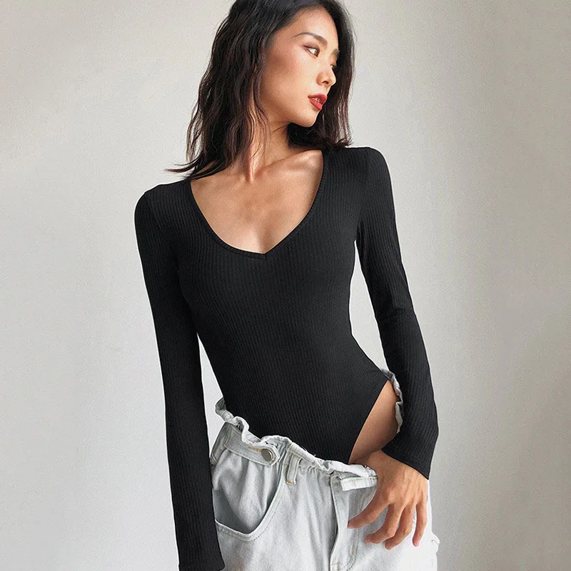 Herfst Winter Basis Shirt Effen Kleur Jumpsuit Gebreid Dames T-shirt U-hals Lange Mouw Top Hoge Taille Afslanken