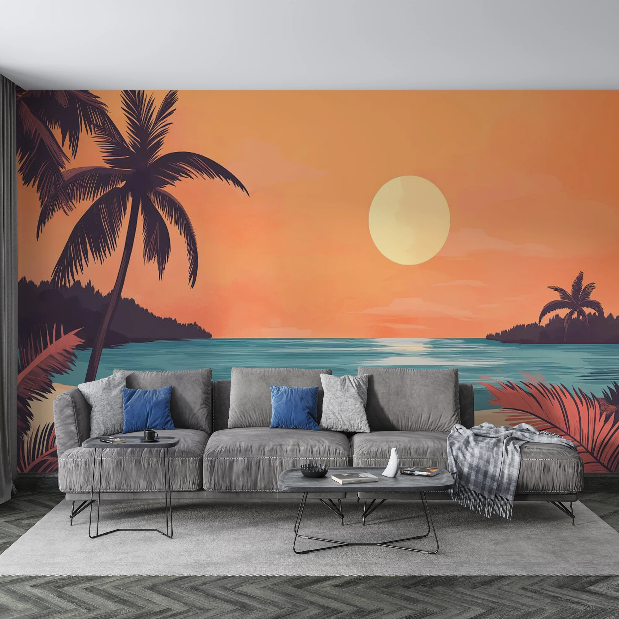 Custom Size Wall Mural Vintage Tropical Seaside Sunset Wallpaper, Palm Tree Ocean Beach Scenery Wall Decor for Background Wall