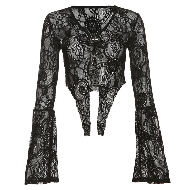 Sexy Perspective Top for Women Heavy Industry Relief Hook Flower Metal Buckle Temperament Lace Slit Top Black Party Bodysuits