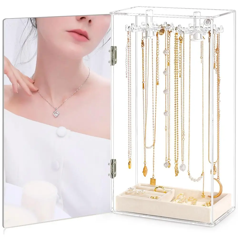 Rotatable Clear Necklace Holder with 24 Hanging Hooks Dustproof Jewelry Storage Stand with Beige Velvet Tray Multifunctional