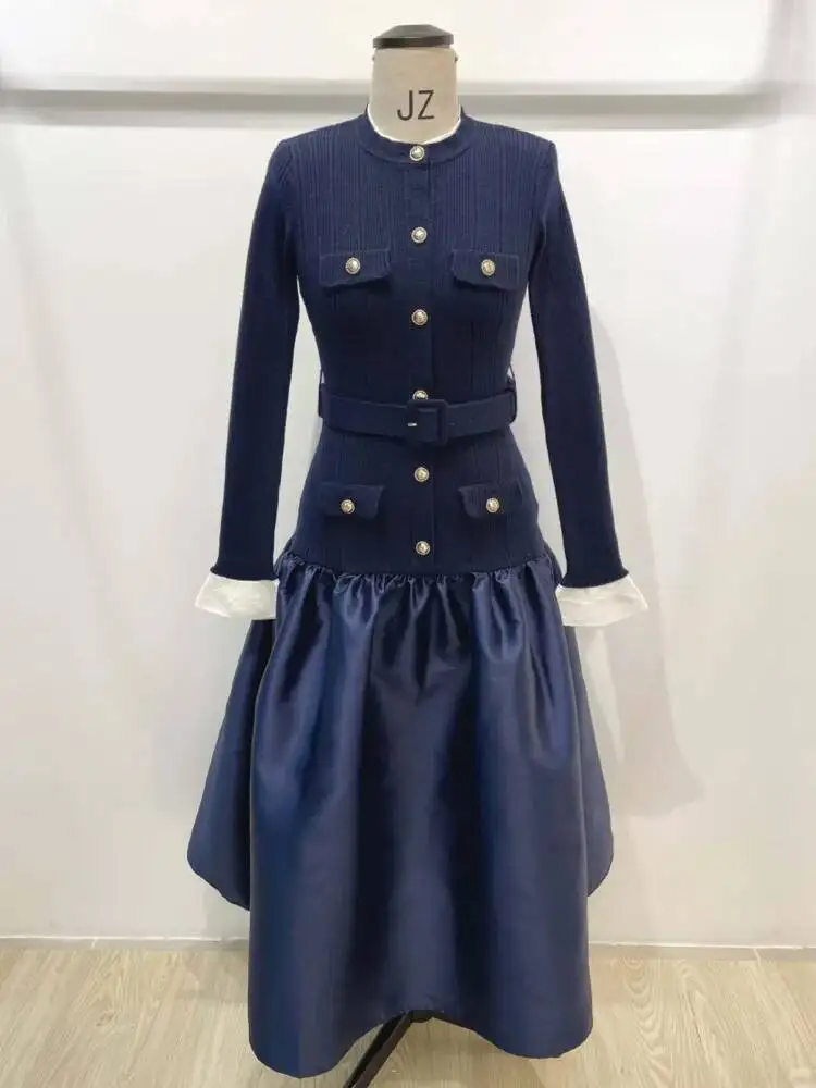 TLXT ファッション レディース フレンチスタイル 無地 エレガント 細見え ワンピース 長袖 ハイウエスト スプライスボタン シックドレス 2026春新作