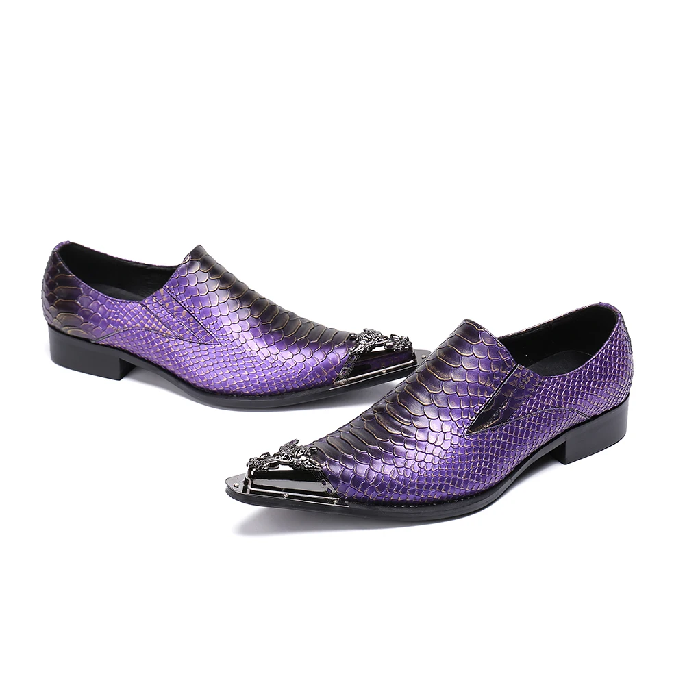 Fashion Purple Snake Grain Genuine Leather Men Party Dress Shoes Metal Pointed Toe Business Office Party Oxford Shoes Plus Size