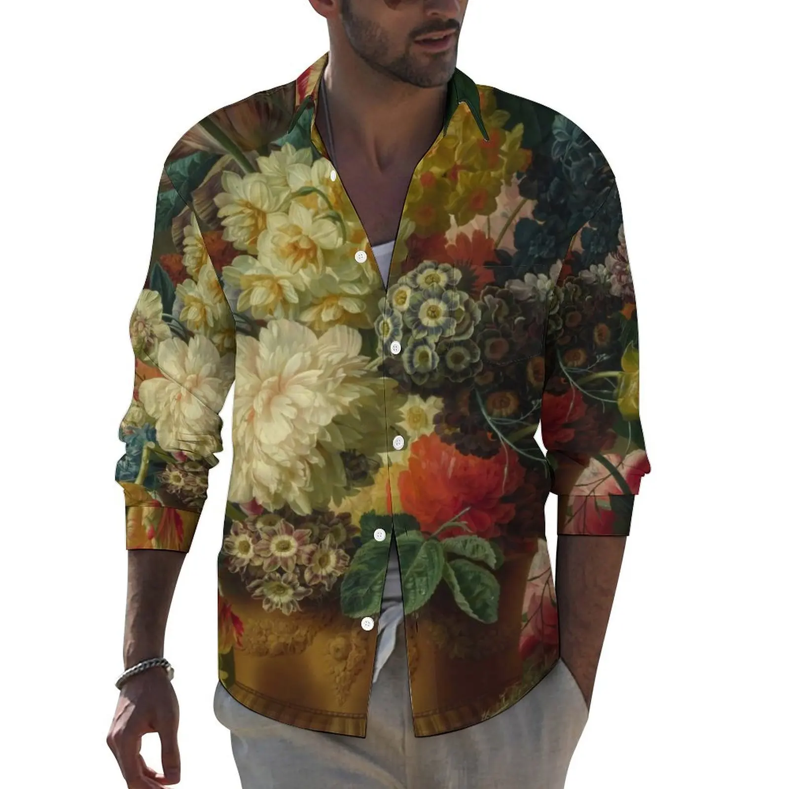 

Van Gogh Shirt Men Flowers In A Vase Casual Shirts Spring Stylish Pattern Blouses Long Sleeve Trendy Oversized Top Gift