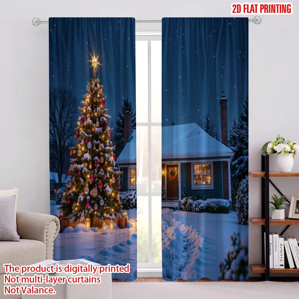 

2pcs 2D flat printing Merry Christmas Popular Curtain Snow Christmas Eve warm scene 100% Polyester Without Electricity Festive