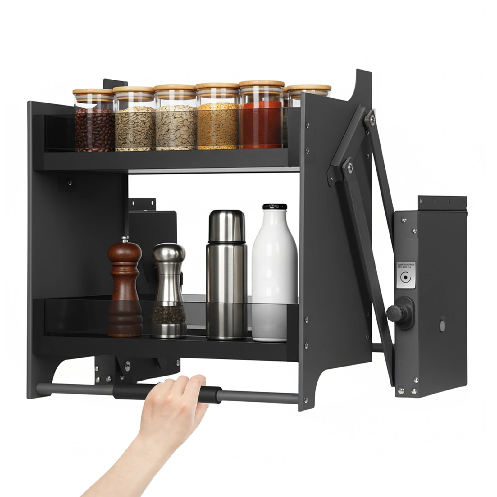 

Двухуровневая полка-органайзер для специй с пневматической системой демпфирования, выдвижная корзина для экономии пространства с регулируемыми опорами для специй, посуды и бутылок