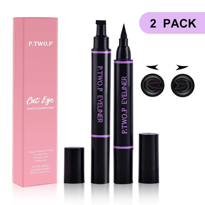 PTWOP 2 Pcs/Box Black Eyeliner Liquid Pencil Cat Eye Wings Eyeliner Stamp Waterproof Quick Drying Long Lasting for Eye Makeups