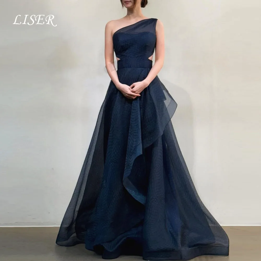 

Liser One Shoulder Navy Blue Evening Dresses Korean Silk Organza Elegant A-Line Bridal Gown Corset Prom Gowns 저녁 드레스
