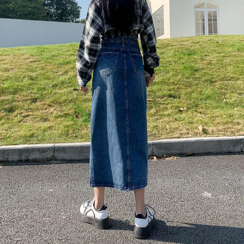 Female Classic Designer High Waist Jeans Skirt Girls Korean Slim Fit Mid-Long Dress Women Fashion A-line Slit Denim Skirts