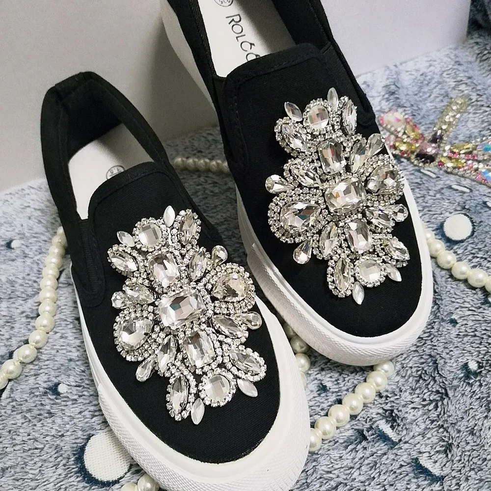 Womens Round Toe Canvas Platform Flats Sneakers Loafers Slip On Casual Rhinestones Diamond DIY Shoes Black White Girls