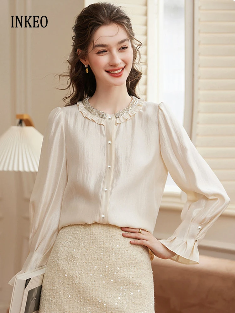 

Fashion Sequined beading O-neck shirt for women 2026 New Collection Long sleeve tops Beige blouse Loose French style INKEO 6T007