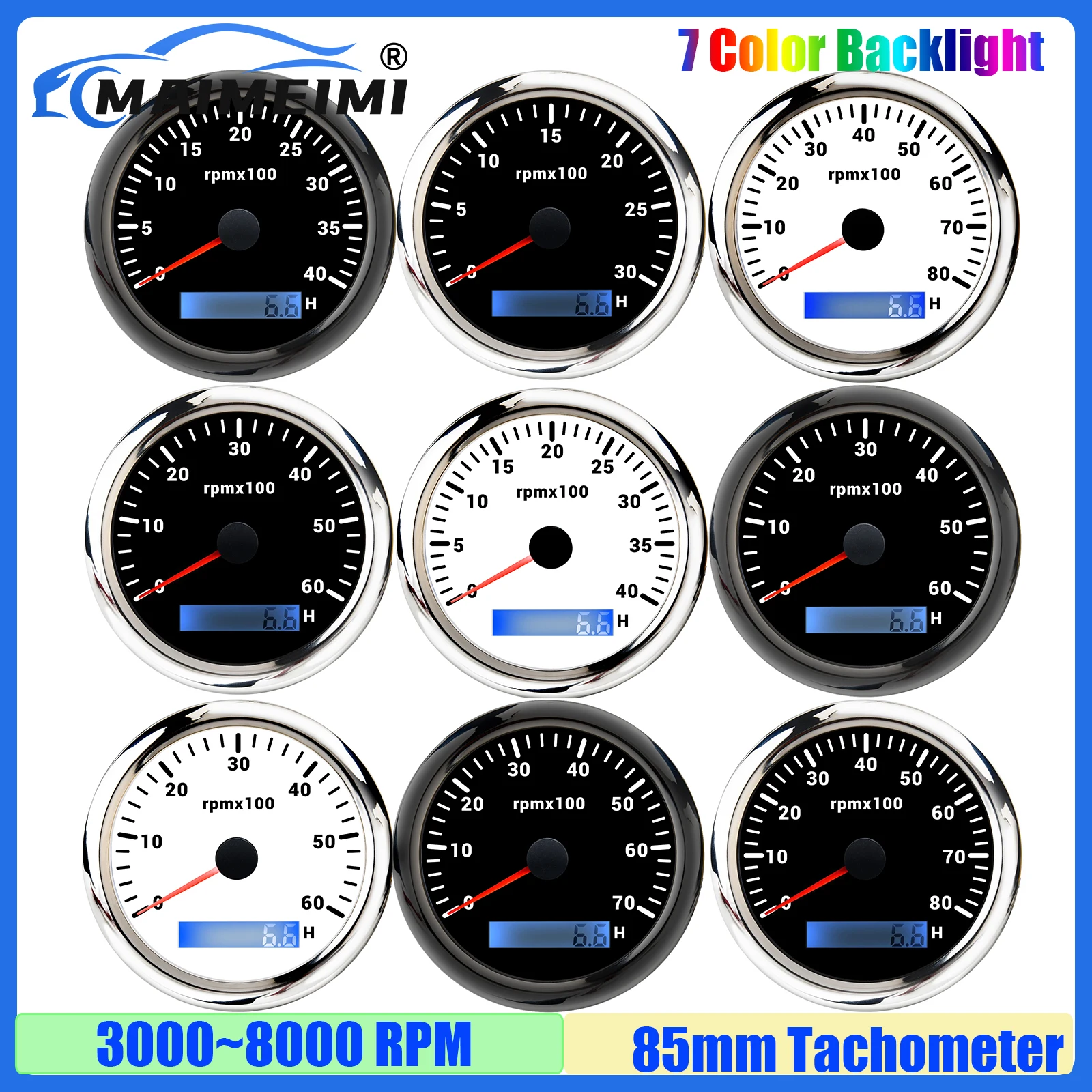 3000RPM,4000RPM,6000RPM,7000RPM,8000RPM 85mm Tachometer 7Color Light for Gasoline Diesel Car Boat Yacht 1-20 Cylinder Waterproof