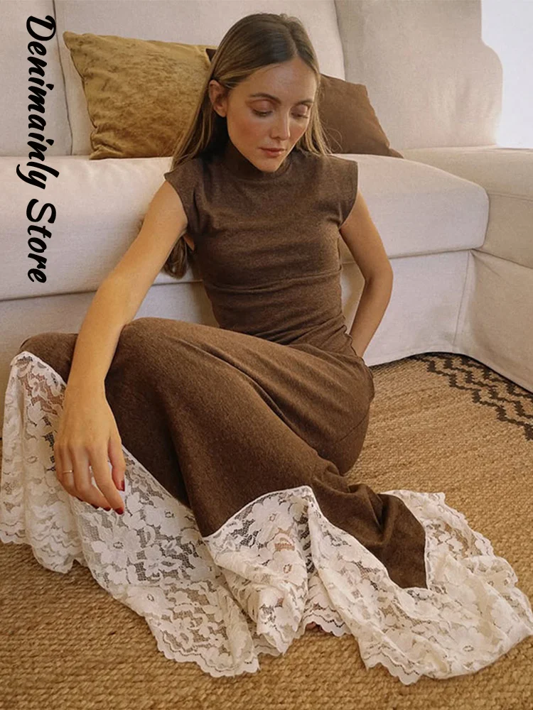 Elegancka sukienka z falbankami, koronkowymi wstawkami, długa, damska, z wysokim kołnierzem, dopasowana, w kształcie litery A, sukienki na przyjęcia, wiosna 2026, nowa suknia wieczorowa dla pań.