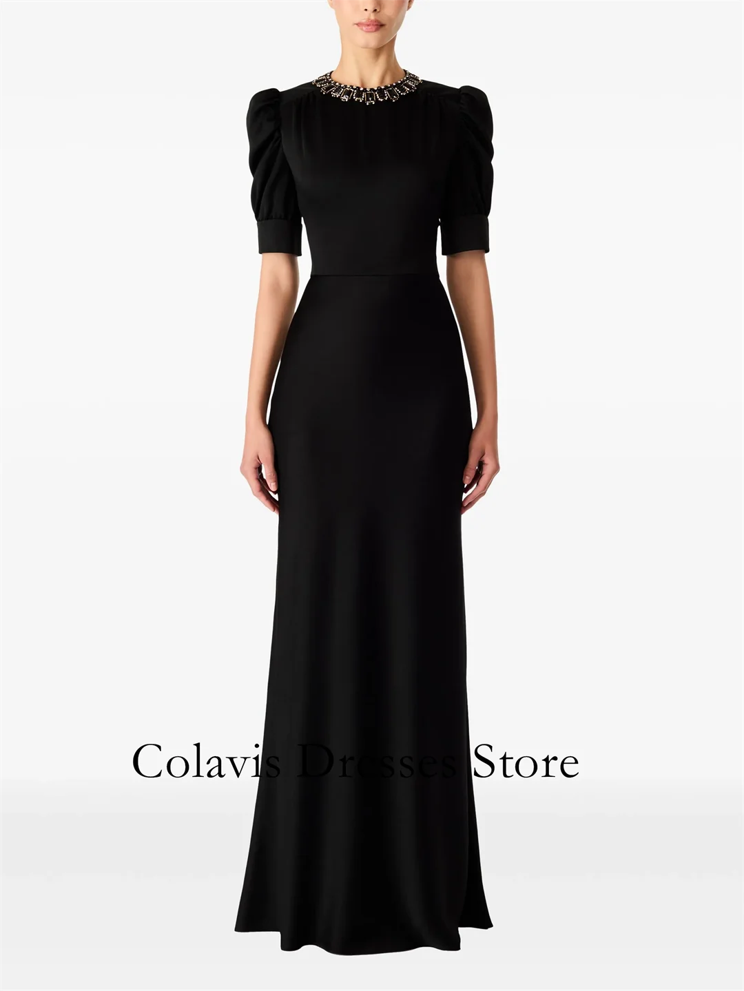 

2025 Customized O-Neck Crystals Puff Sleeves Black Crepe Prom Dresses Evening Dress Women Evening Gowns Formal Party Dress