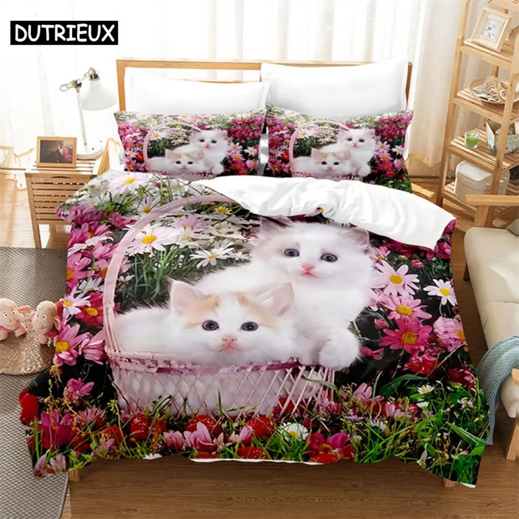 Cat Flowers Queen Bedding Set Duvet Cover Set Bedding Digital Printing Bed Linen King Size Duvet Cover Set Bedding Sets