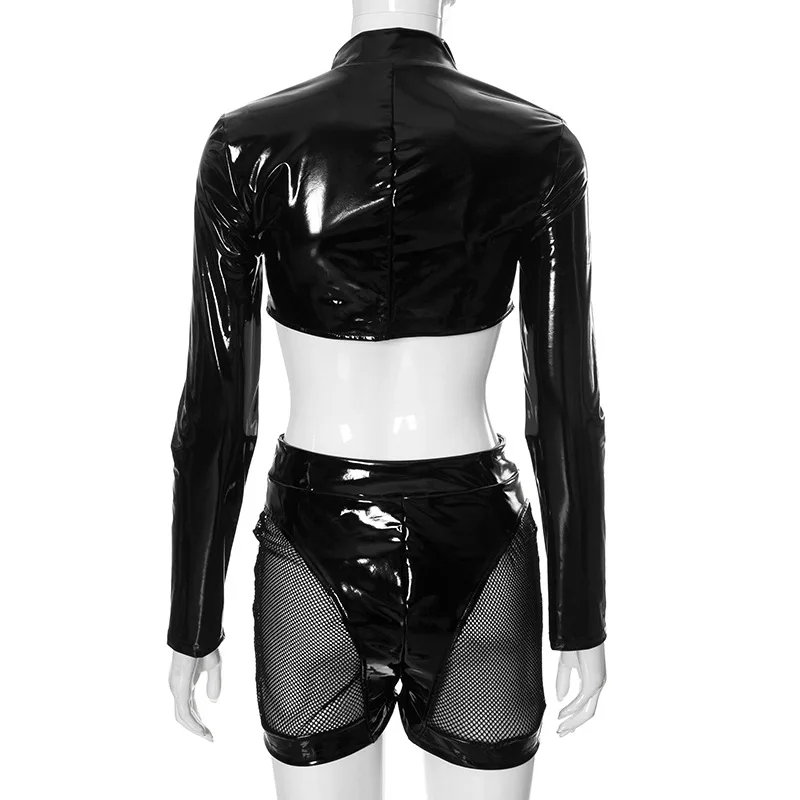 Gtpdpllt Fake Leather Patchwrokr Mesh Black 2 Piece Sets Women Crop Tops+Shorts Match 2024 Autumn Cyber Punk Baddie Outfits Set