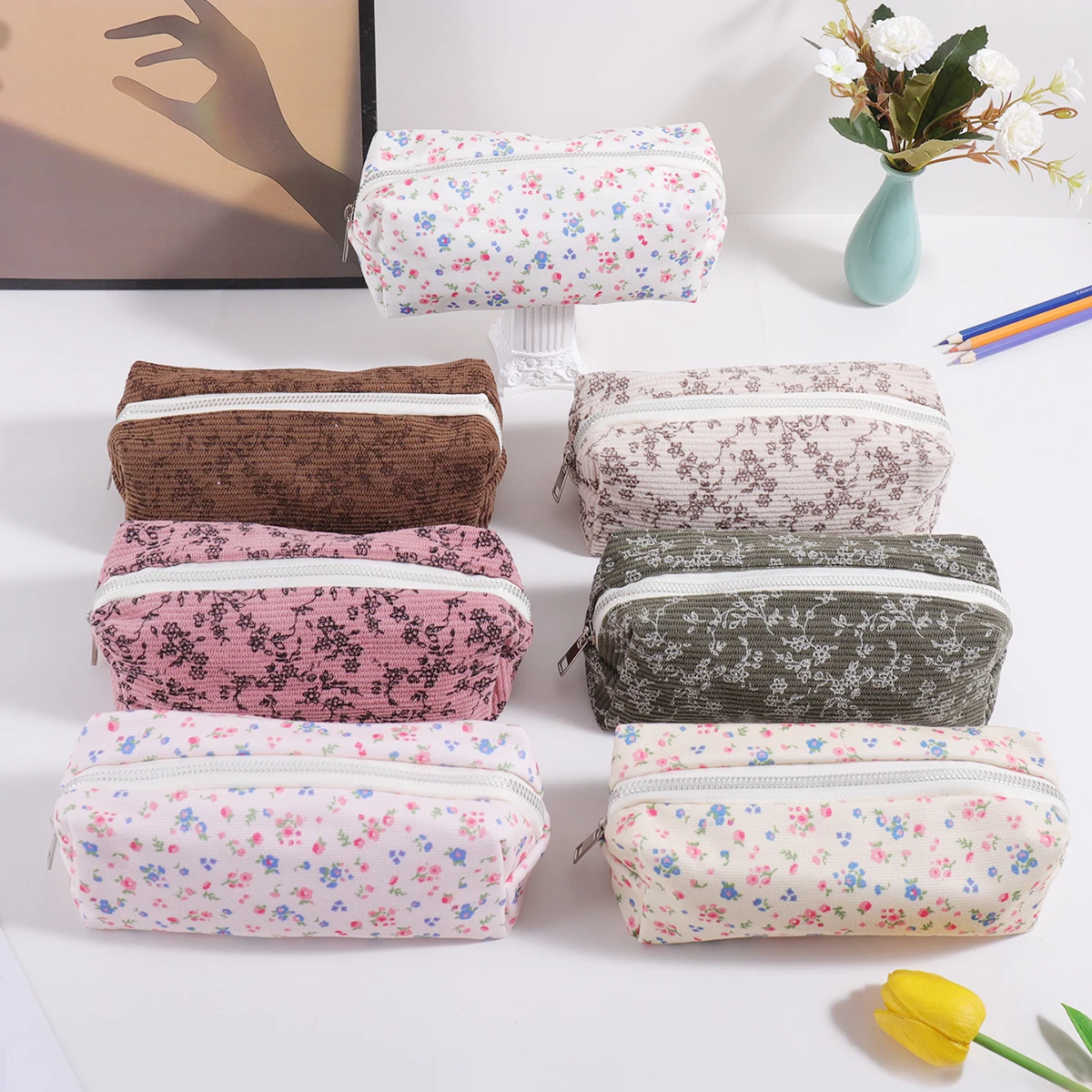 1 PC Floral Striped Pencil Bag, Delicate Pattern Portable Storage Bag, Fashionable School Supplies Storage, Campus Essentials
