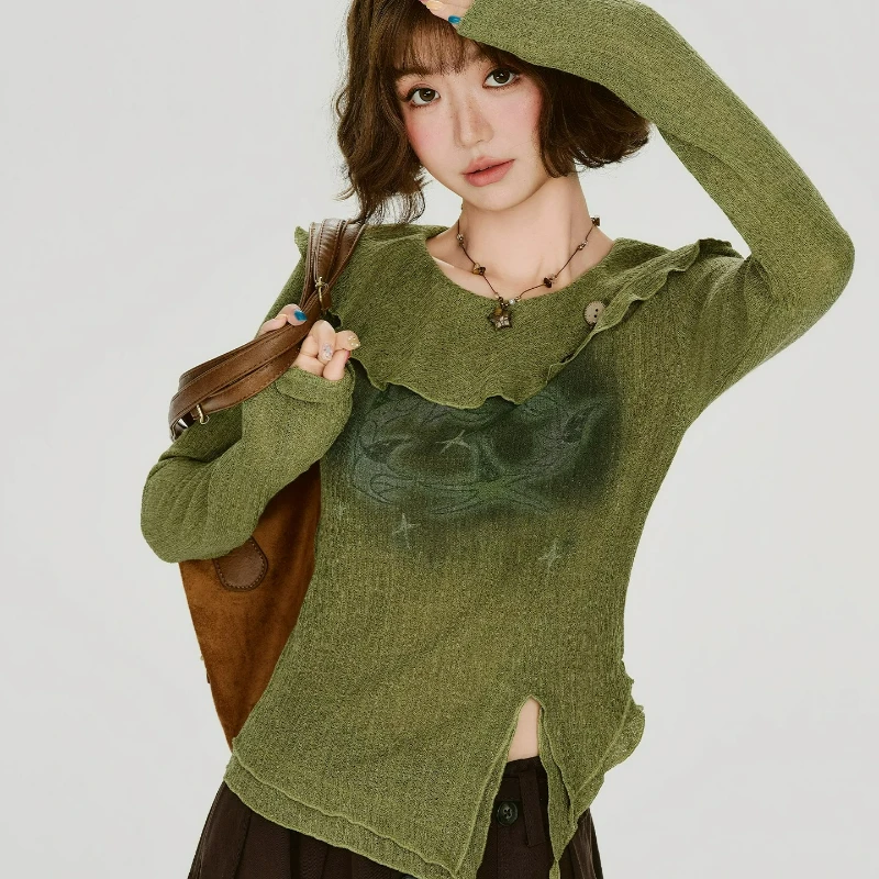2026 Autumn New Y2k Sweet Slim-fitting Thin Women's Top American Retro Irregular Printing Knitted Long-sleeved T-shirt Ladies