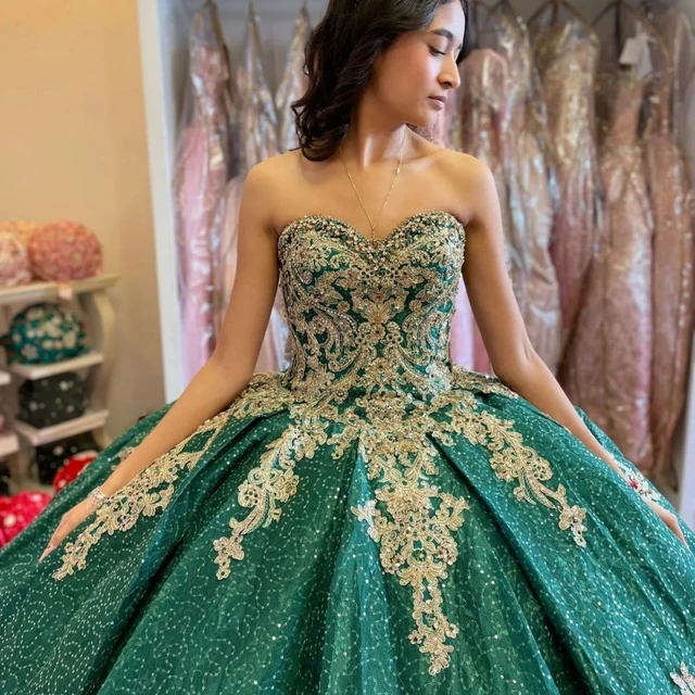 Emerald Green Beaded Ball Gown Quinceanera Dresses Gold Applique Beads Sweet 16 Dress Pageant Gowns Vestidos De 15 Anos AliExpress