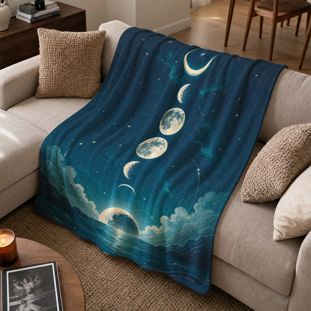 Celestial Moon Phases Galaxy Throw Blanket for Sofa Couch Decor Luxury Starry Night Cosmic Knit Fleece Accent Wrap Living Room H