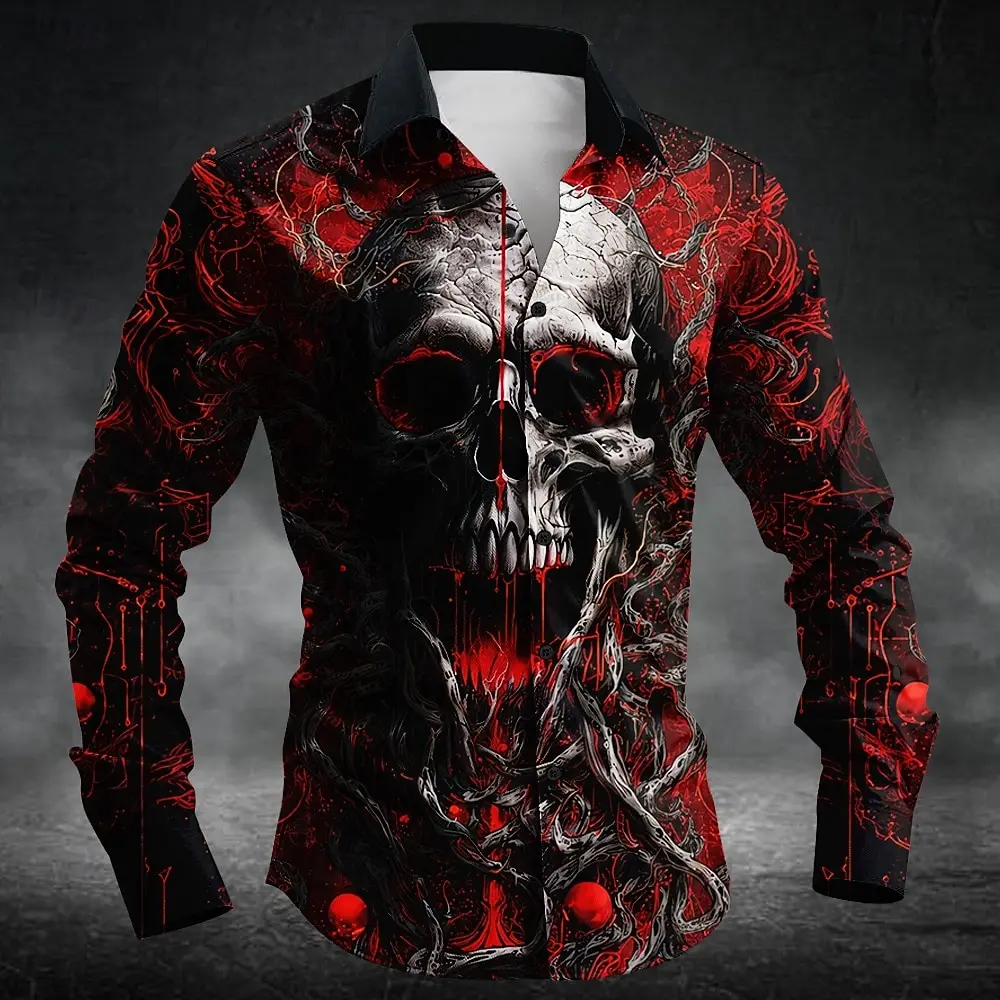 Halloween Men Horror Skull Printed Shirt Vintage Long Sleeve Button Down Tops Gothic Horror Graphic Casual Street Harajuku Shirt