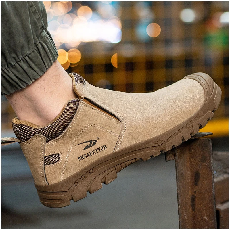 new fashion men safety shoes slip-on steel toe covers work shoe worker cow suede leather security boots ankle chelsea botas mans