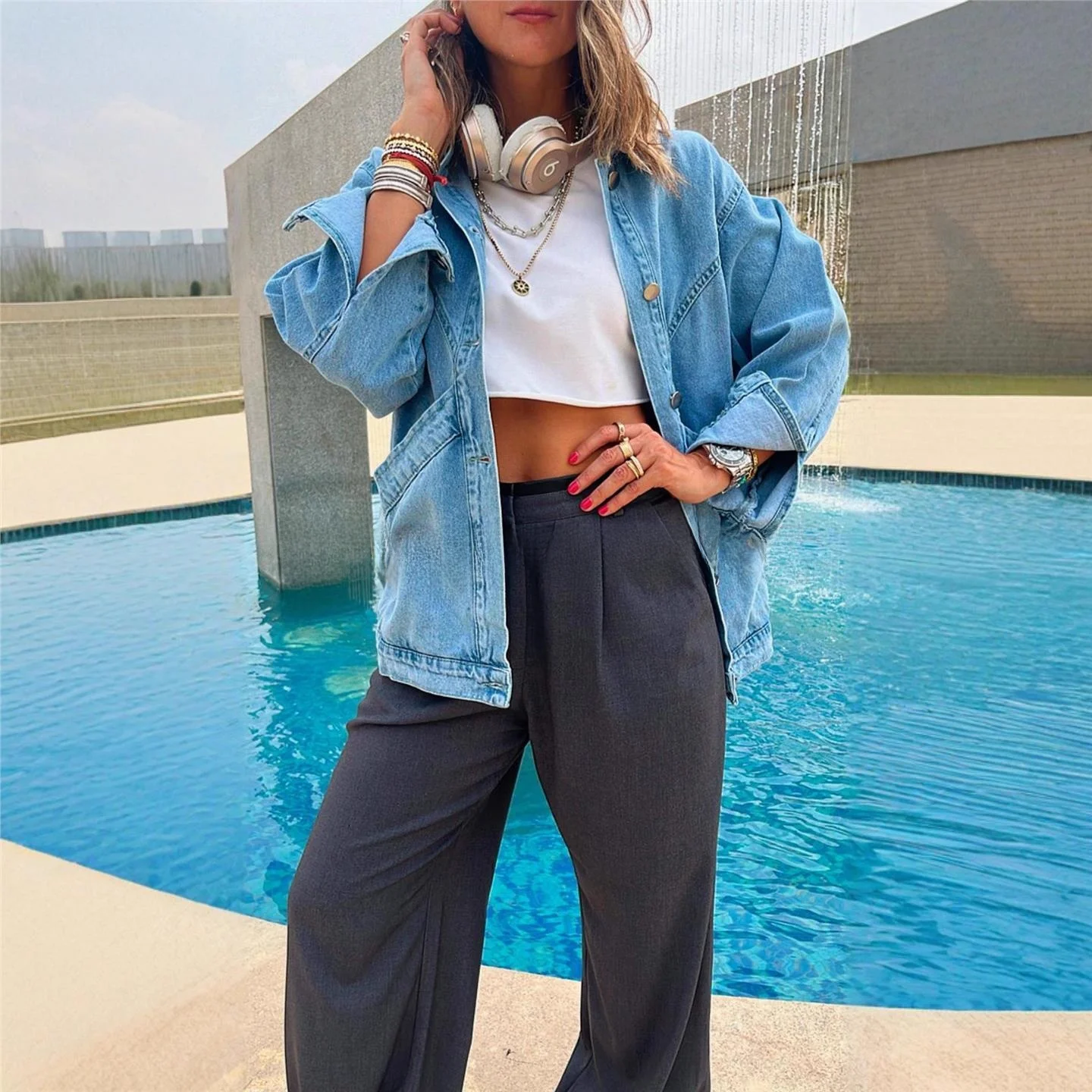 Women's Loose Fit Vintage Denim Jaet Autumn Winter Outerwear Long Sve Double Breasted Coat with kets Long Length Cotton