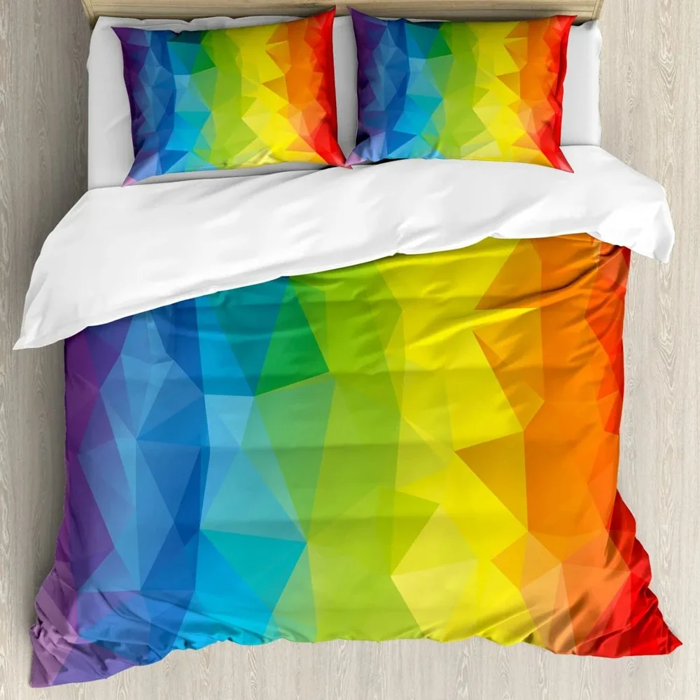 

Rainbow Duvet Cover Set,Colorful Abstract Geometric Pattern with Triangle Polygon and Other Shapes Rainbow Bedding Set King Size