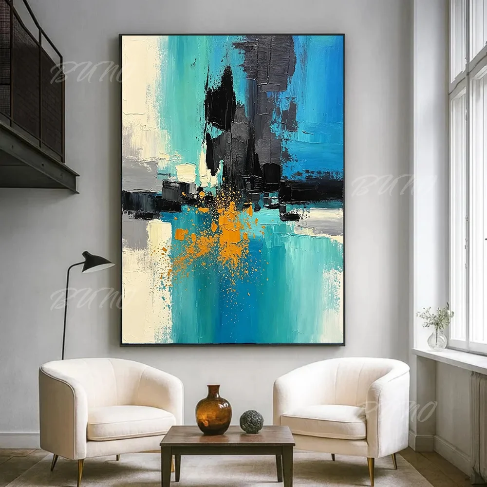 100% Hand Painted Original Abstract Oil Painting Modern Blue Gold Urban Abstract Wall Art For Home Living Room Bedroom Decor