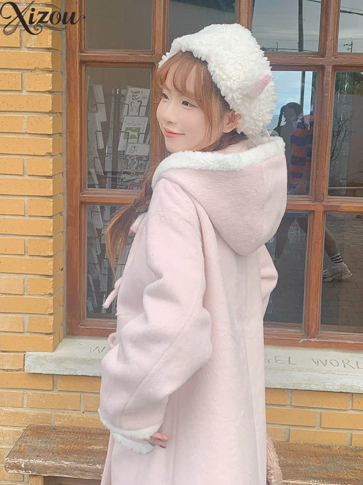 الحلو كلية الوردي Bowknot مقنعين الصوف مبطن معطف المرأة الخريف الشتاء منتصف طول فضفاض عادية سميكة الدافئة ملابس خارجية الدانتيل متابعة