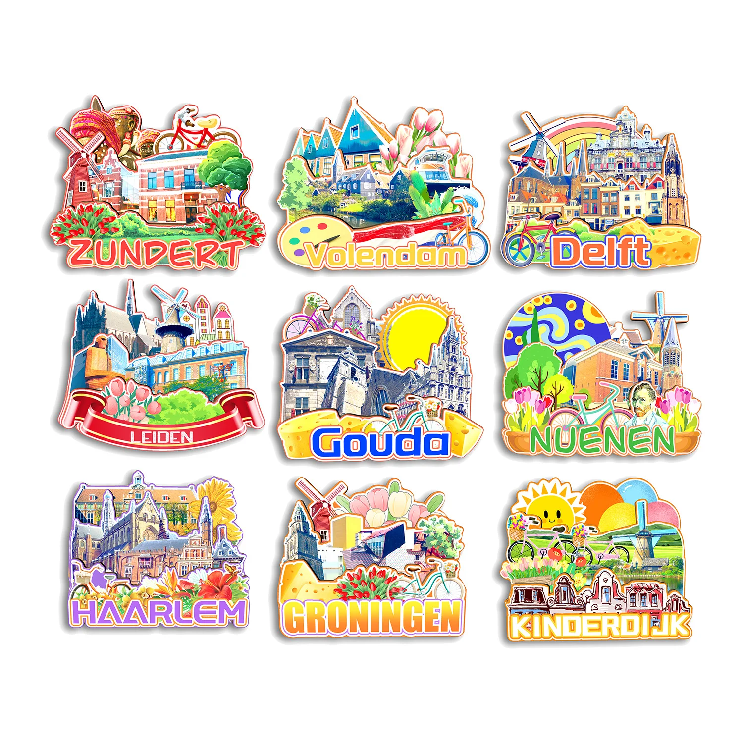 Groningen Haarlem Nuenen Leiden Delft Volendam Zunder Kinderdijk Gouda NETHERLANDS Fridge Magnet Travel Souvenir Gift