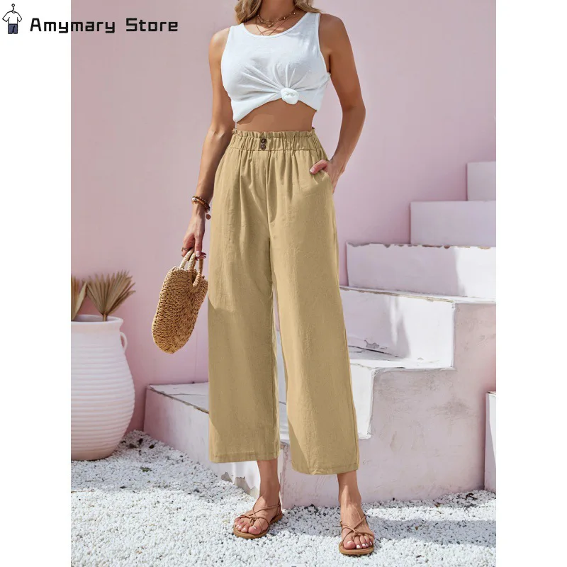 

New Women's Cotton Linen Trousers Spring Summer Loose Casual Straight Pants Elastic Waist Wide Leg Pants Ankle-length Trousers