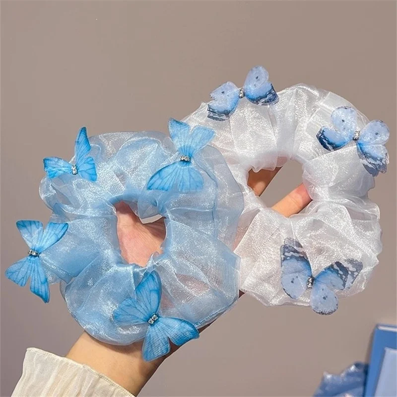Accessoires capillaires pour filles : Élastiques en maille transparente, attaches pour cheveux, jolies attaches pour queue de cheval, chouchous en organza bleu papillon pour femmes