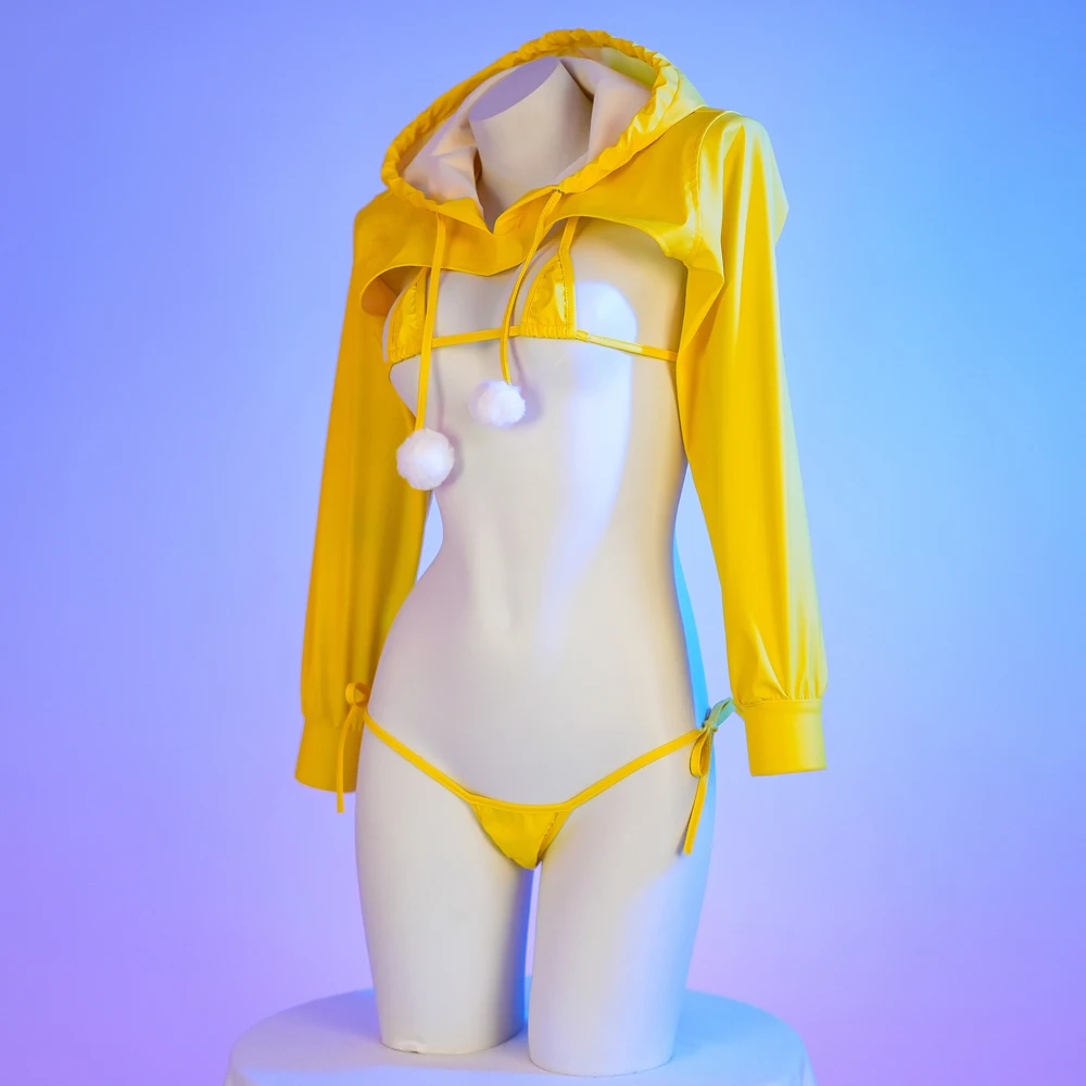 AniLV Japanese Anime Girl Yellow Leather Hooded Top Bikini Set Cosplay Student Uniform Costume