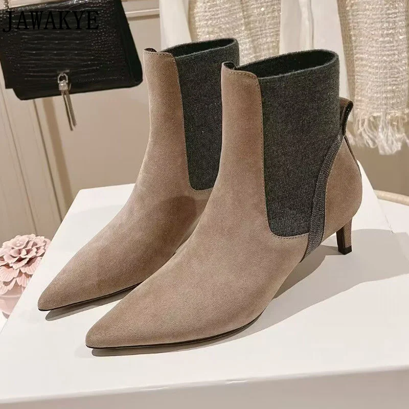 2023 szpiczaste noski obcasy typu Kitten nowoczesne damskie zamszowe skórzane elastyczne Chelsea Boots zimowe w stylu Casual, imprezowa botki kobiet