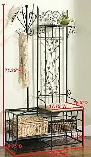 Coat Rack  Black Finish Metal Hallway Storage Bench with Coat Rack & Umbrella Holder 36 x 19 x 71 inches