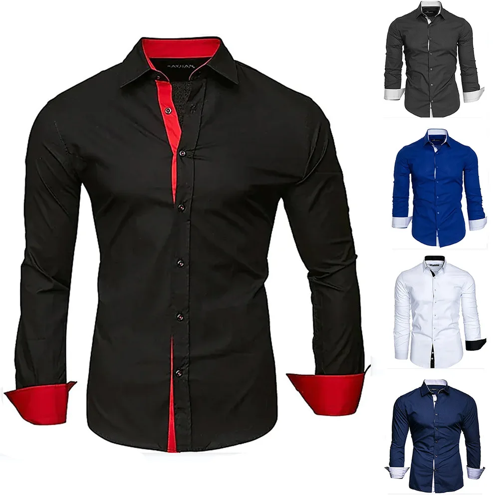 

New Men Shirt Long Sleeve Turn Down Collar Casual Shirts Patchwork Tees Single Breasted Cardigan Spliced Loose Pockets Button