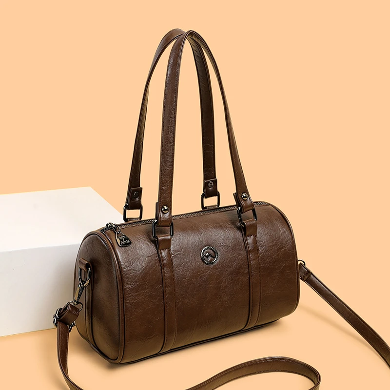 Vintage Brown Cylinder Shoulder Bag for Women, Retro PU Leather Boston Handbag, Woman Multi‑way Crossbody Bucket Bag