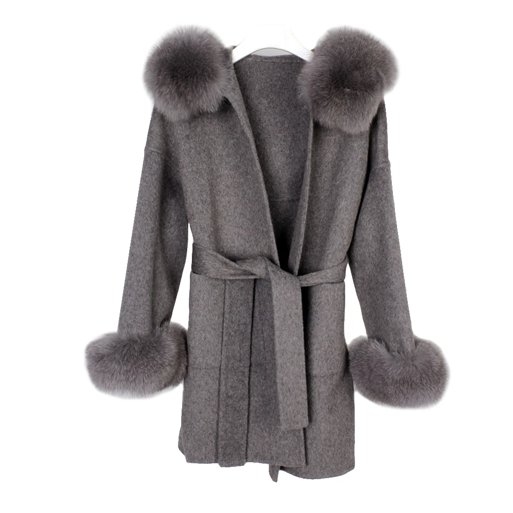 

Winter Women Jacket Long Real Fur Coat Loose Cashmere Wool Blends Fashion Streetwear Natural Fox Fur Collar Hood with Belt