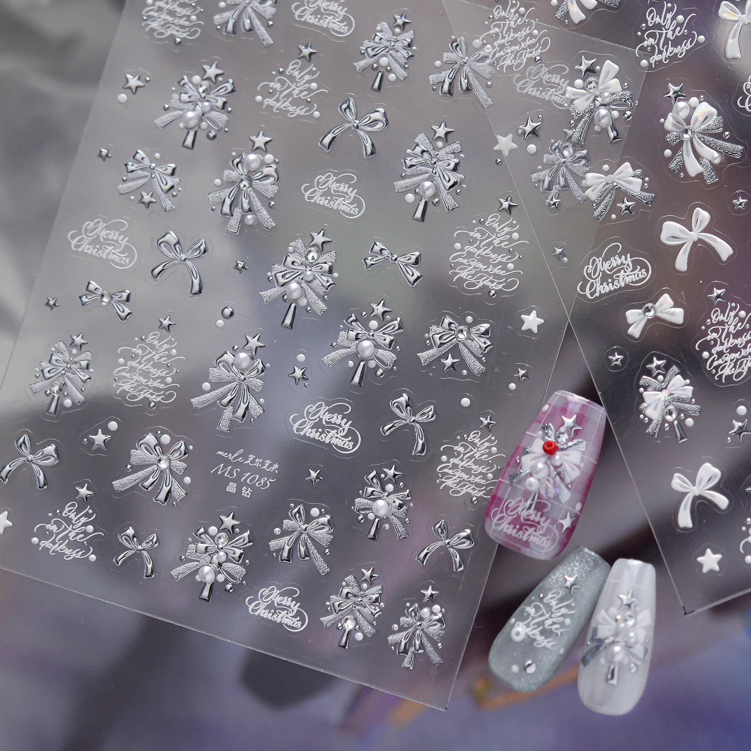 Christmas Nail Stickers 5D Crystal Diamond Pearl Multi Colored Bow Stars Holiday Self-adhesive Nails Accessories Stickers DIY