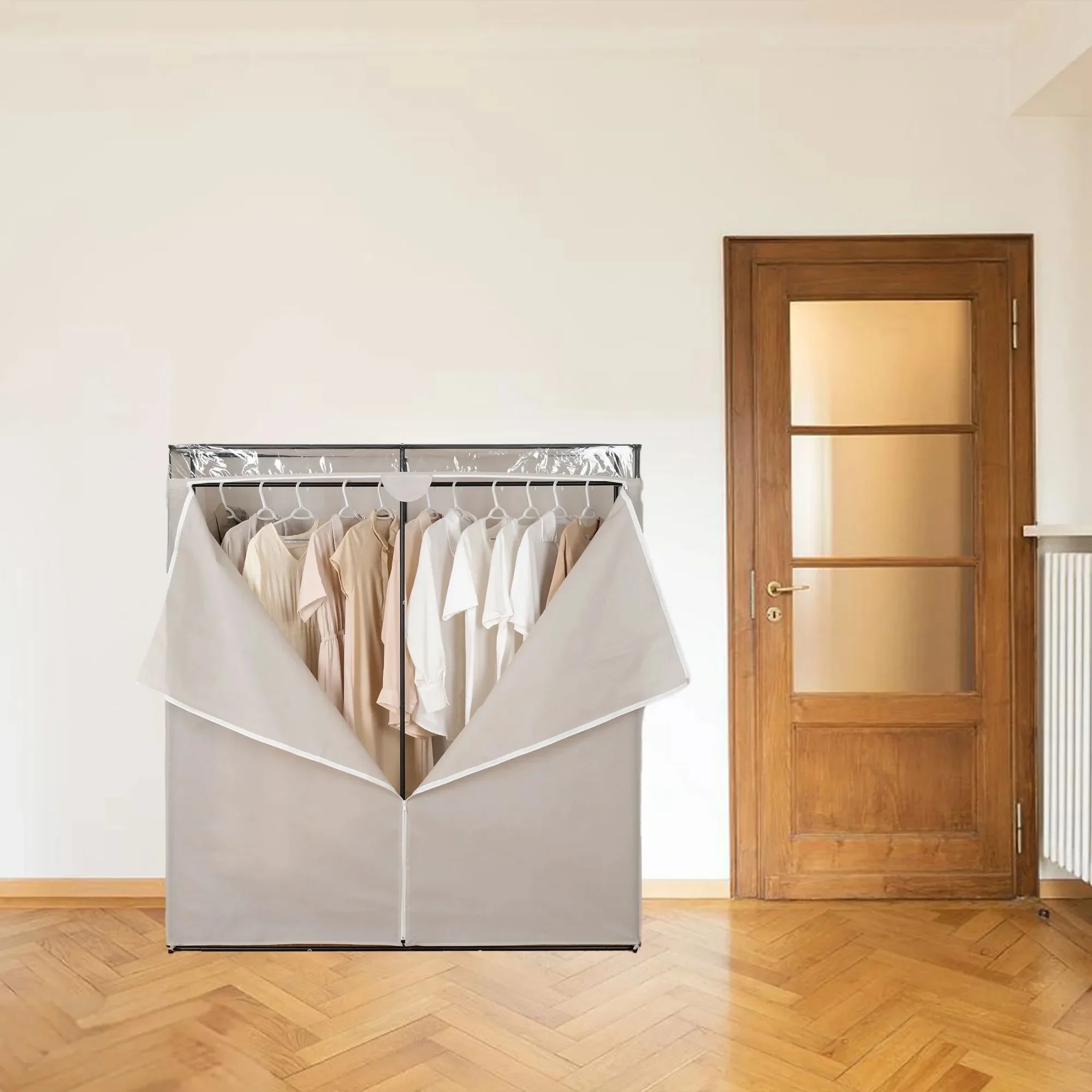 単層洋服クローゼット、60インチ、エクストラワイド。 スチールフレーム、グレー軽石、ジッパー付きカバー。 大人用、省スペース