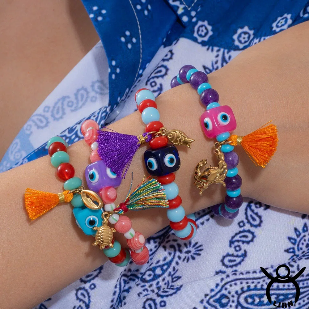 2025 New Bracelet Devil Eye Fish Pendant Colorful Beaded Tassel Handmade Bangle Accessories Women Jewelry Gift