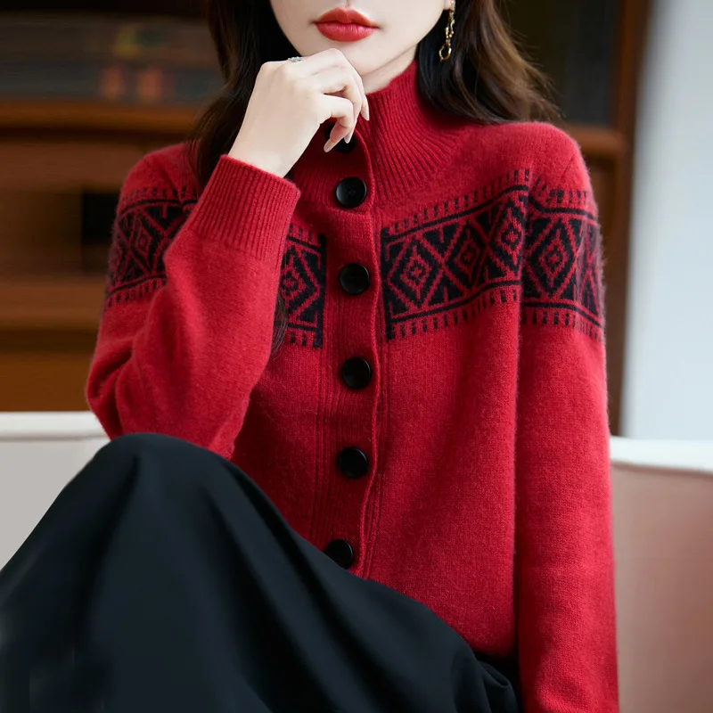 

Vintage Jacquard Color Block Loose Lazy Style% Wool Cardigan Women'S High Neck Thick Knitted Sweater Coat
