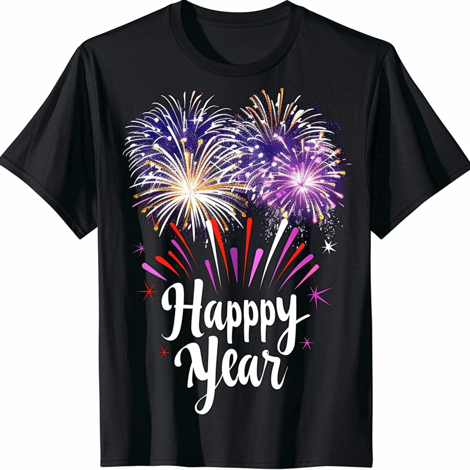 

New Year Fireworks T Shirt Design Vintage Colors Futuristic Vibes Black Tee