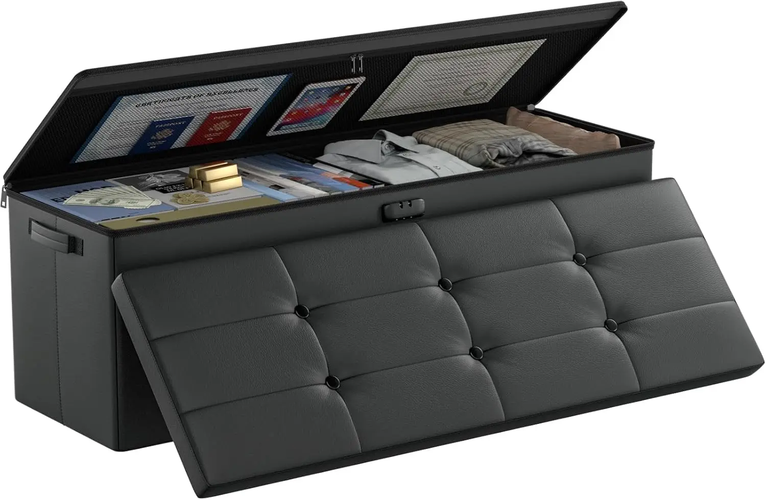

Fireproof & Waterproof Storage Ottoman Bench with Lock, 43"x15"x15", Leather, Black