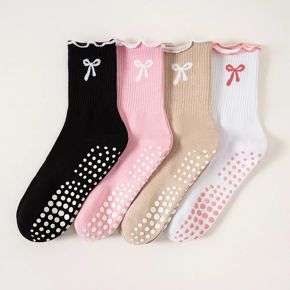 1Pair Anti-Slip Grip Pilates Socks Pure Cotton Breathable Yoga Socks High Elasticity Sweat-Absorbing Mid-Calf Socks