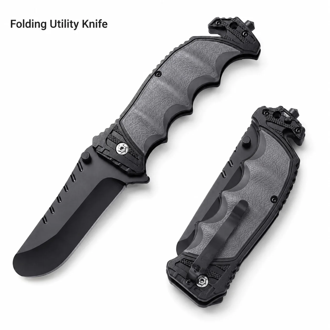 Cuchillo Plegable Multiusos para Exteriores con Hoja Ancha Negra, Mango Contorneado y Orificio para Cordón, Ideal para Cortar Cuerdas y Uso en Taller