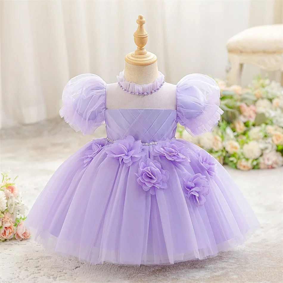 Purple Tulle Flower Girl Dress Puff Mesh Short Sleeve Beaded Neckline Princess Tutu Gown Kid Birthday Baptism Formal Dress ASQ03